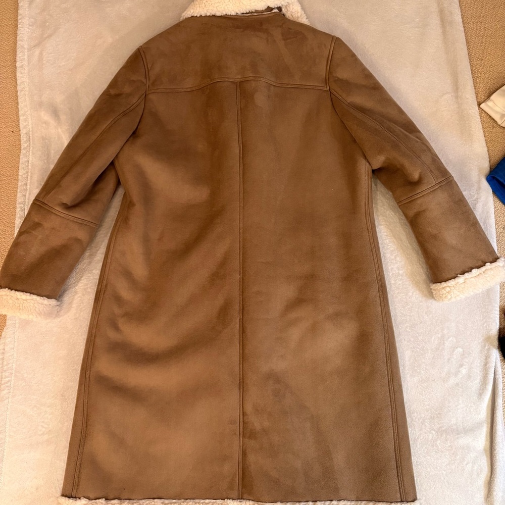 Boden Bell Teddy Tan Faux Suede Faux Shearling Lined and Trimmed Long Coat Sz 16 - Picture 13 of 14